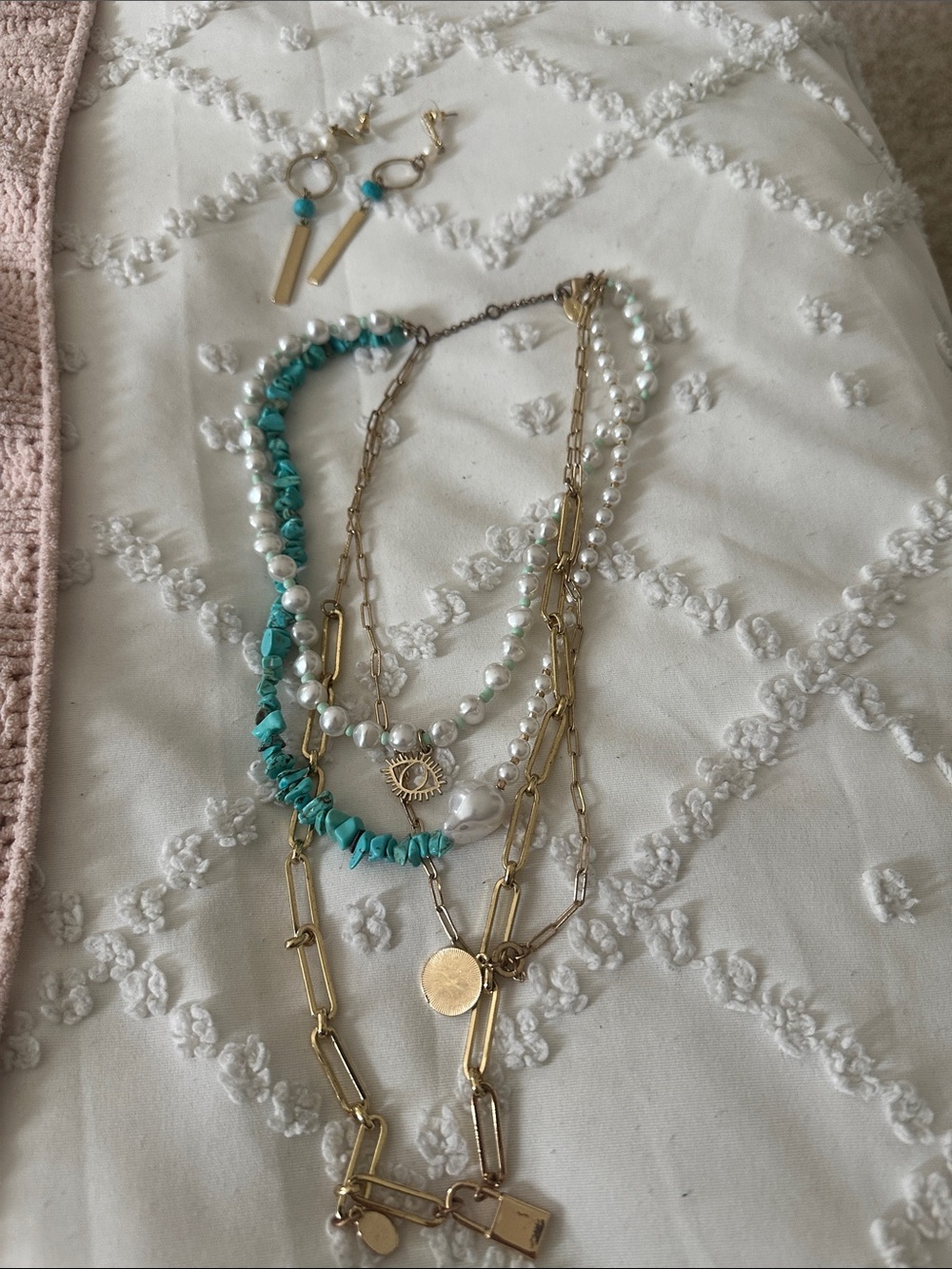 Layered Turquoise Pearl & Gold Multi-Strand Necklace with matching earrings